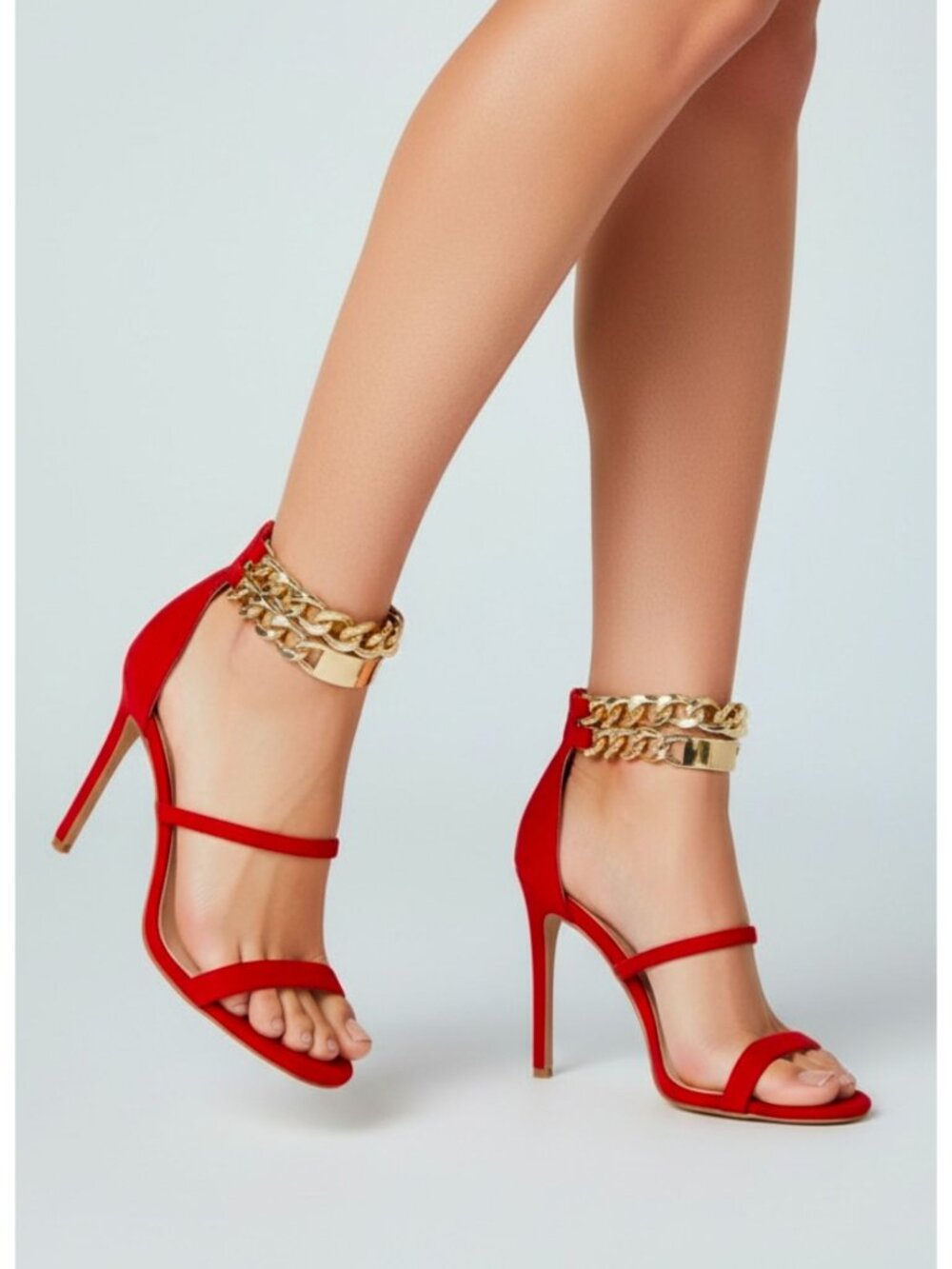 Red High Heel Sandals With Gold Chain Ankle Strap & Back Zipper Elegant Party Sh